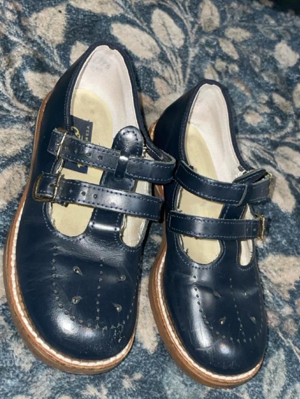Vintage Amilio Navy Blue Leather Dbl T-Strap Mary Jane Shoes Girls Size 12 USA